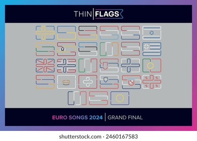 Euro Song Contest 2024 - Editable Country Thin Flags Icon Set. Europe. Editable Stroke European Music Flags