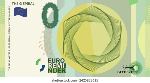 Euro souvenir green banknote with a 0 (zero) as value. Vector illustration.