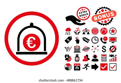 Euro Standard icon with bonus elements. Vector illustration style is flat iconic bicolor symbols, intensive red and black colors, white background.