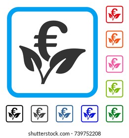 Euro Startup Sprout icon. Flat gray iconic symbol inside a light blue rounded rectangular frame. Black, gray, green, blue, red, orange color variants of Euro Startup Sprout vector.
