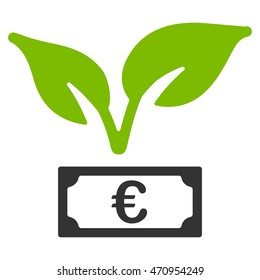 Euro Startup Sprout icon. Vector style is bicolor flat iconic symbol with rounded angles, eco green and gray colors, white background.