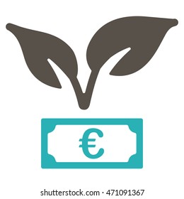 Euro Startup Sprout icon. Vector style is bicolor flat iconic symbol with rounded angles, grey and cyan colors, white background.
