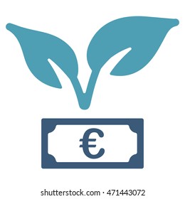Euro Startup Sprout icon. Vector style is bicolor flat iconic symbol with rounded angles, cyan and blue colors, white background.