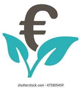 Euro Startup Sprout icon. Vector style is bicolor flat iconic symbol with rounded angles, grey and cyan colors, white background.
