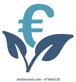 Euro Startup Sprout icon. Vector style is bicolor flat iconic symbol with rounded angles, cyan and blue colors, white background.