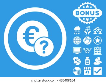 Euro Status icon with bonus symbols. Vector illustration style is flat iconic symbols, white color, blue background.