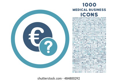 Euro Status rounded vector bicolor icon with 1000 medical business icons. Set style is flat pictograms, cyan and blue colors, white background.
