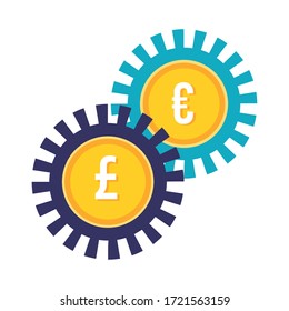 euro and sterling pounds coins gears flat style vector illustration design