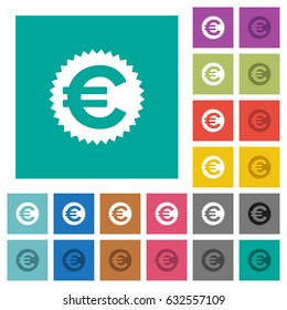 Euro sticker multi colored flat icons on plain square backgrounds. Included white and darker icon variations for hover or active effects.