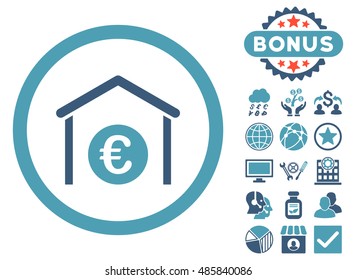 Euro Storage Building icon with bonus symbols. Vector illustration style is flat iconic bicolor symbols, cyan and blue colors, white background.