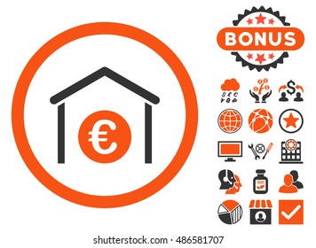 Euro Storage Building icon with bonus pictures. Vector illustration style is flat iconic bicolor symbols, orange and gray colors, white background.