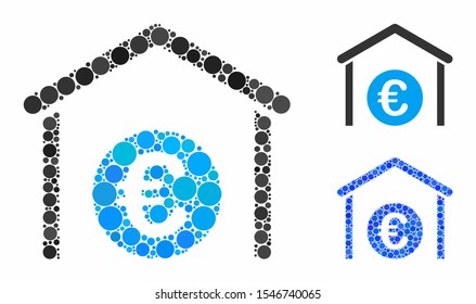 Euro storage garage composition of small circles in variable sizes and shades, based on Euro storage garage icon. Vector random circles are united into blue composition.