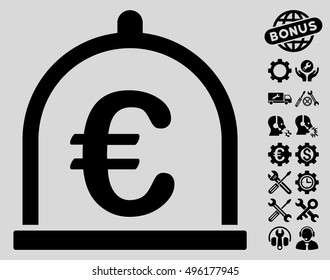 Euro Storage icon with bonus tools symbols. Vector illustration style is flat iconic symbols, black color, light gray background.