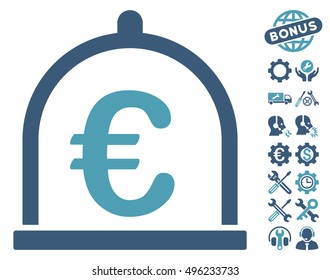 Euro Storage icon with bonus tools pictogram. Vector illustration style is flat iconic bicolor symbols, cyan and blue colors, white background.