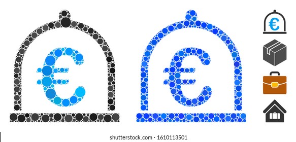 Euro storage mosaic of round dots in various sizes and color tones, based on Euro storage icon. Vector round dots are united into blue composition. Dotted Euro storage icon in usual and blue versions.