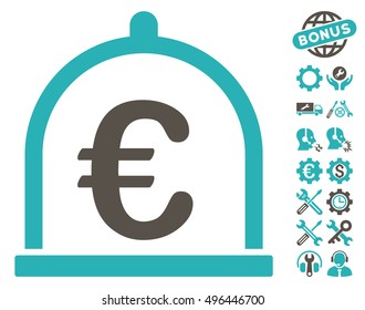 Euro Storage pictograph with bonus tools symbols. Vector illustration style is flat iconic bicolor symbols, grey and cyan colors, white background.