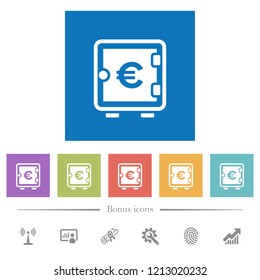 Euro strong box flat white icons in square backgrounds. 6 bonus icons included.