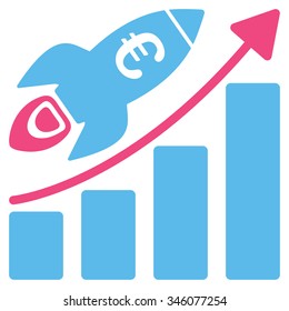 Euro Success Business Start vector icon. Style is bicolor flat symbol, pink and blue colors, rounded angles, white background.