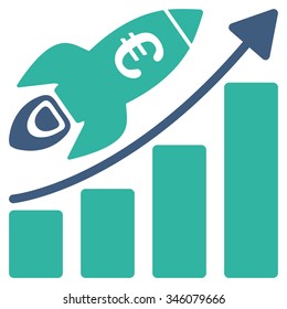 Euro Success Business Start vector icon. Style is bicolor flat symbol, cobalt and cyan colors, rounded angles, white background.