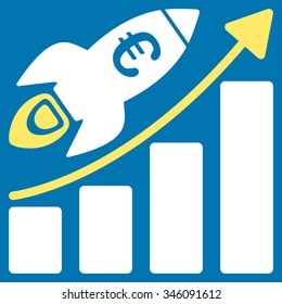 Euro Success Business Start vector icon. Style is bicolor flat symbol, yellow and white colors, rounded angles, blue background.