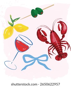 Euro Verão abstrato lagosta limão bonito wavy slogan moderno vinho vino vermelho coquetel arco bonito damas moderno trending T-shirt logotipo slogan gráfico arte tipografia tote badge peixe sardinha