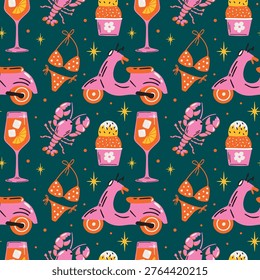Euro Summer vector seamless pattern with illustration of europian lifestyle, cocktail, retro scooter and lobster, ice cream in playful cartoon funky groovy doodle style for travel blog 