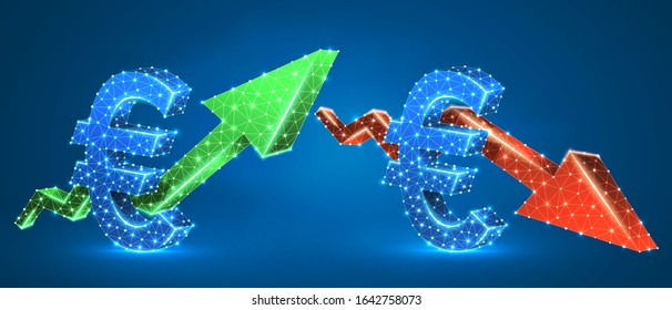 Euro symbol, arrows set, green growth, and red downtrend. Low poly, wireframe 3d vector illustration. European currency and money flow concept. Abstract polygonal image on blue neon background