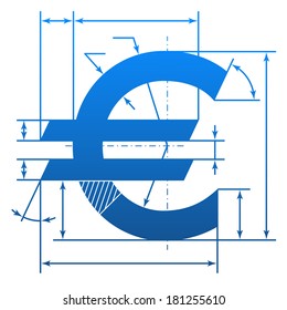 Euro symbol with dimension lines. Element of blueprint drawing in shape of money sign. Qualitative vector (EPS-10) illustration for banking, financial industry, economy, accounting, etc