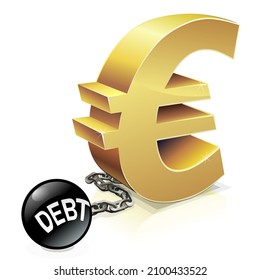 Euro symbol of the European currency in 3D and gold chained to a debt ball