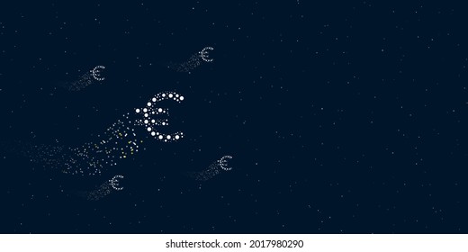 A euro symbol filled with dots flies through the stars leaving a trail behind. Four small symbols around. Empty space for text on the right. Vector illustration on dark blue background with stars