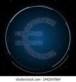 The euro symbol filled with white dots. Pointillism style. Some dots is red. Vector illustration on blue background with stars
