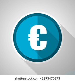 Euro symbol, flat design vector blue icon with long shadow