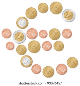 Euro symbol formed by euro coins on a white background. Vector illustration.