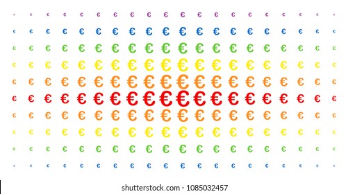 Euro symbol icon spectrum halftone pattern. Vector euro symbol objects are organized into halftone array with vertical rainbow colors gradient. Constructed for backgrounds, covers,