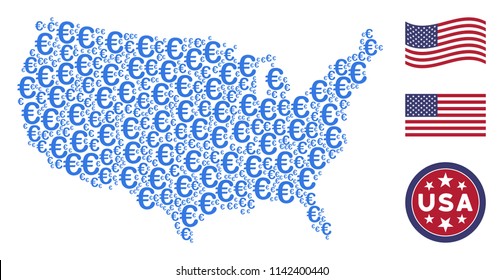 Euro symbol icons are arranged into American map abstraction. Vector concept of American territorial map is made of Euro symbol items. Designed for political and patriotic projects.