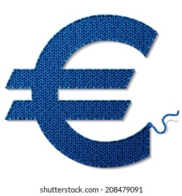 Euro symbol of knitted fabric isolated on white background. Fragment of knitting in shape of money sign. Vector illustration for banking, financial industry, money, economy, accounting, etc