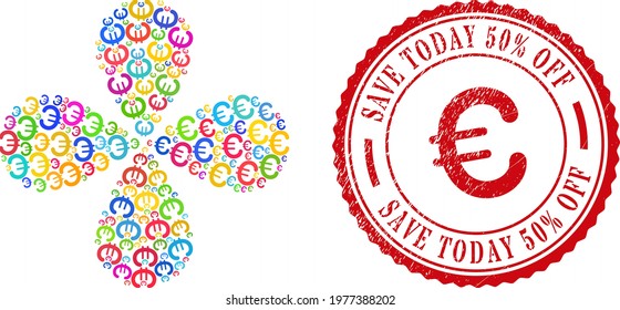 Euro symbol multi colored exploding flower with 4 petals, and red round SAVE TODAY 50 percent OFF dirty seal. Euro symbol inside round stamp seal.