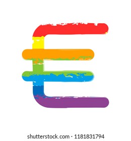 euro symbol, simple icon. Drawing sign with LGBT style, seven colors of rainbow (red, orange, yellow, green, blue, indigo, violet