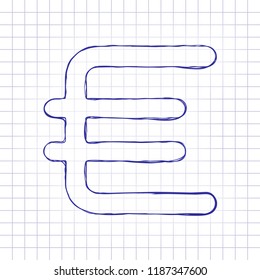 euro symbol, simple icon. Hand drawn picture on paper sheet. Blue ink, outline sketch style. Doodle on checkered background