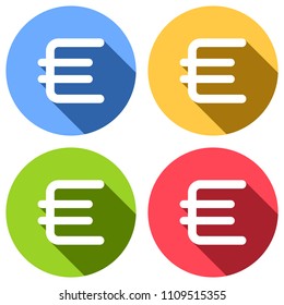 euro symbol, simple icon. Set of white icons with long shadow on blue, orange, green and red colored circles. Sticker style