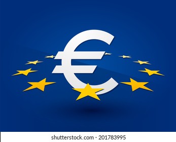 Euro symbol surrounded by the stars on a blue background