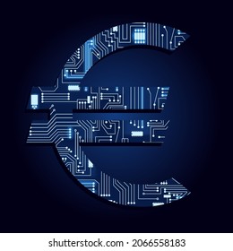 Euro symbol with a technological electronics circuit. Blue background.
