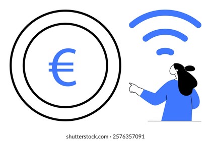 A euro symbol within a circle and a person pointing toward a wireless signal represent connectivity and currency. Ideal for finance, digital transactions, communication, technology, online