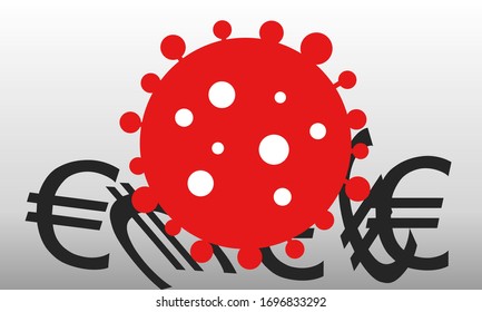 A lot of euro symbols under a red coronavirus