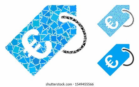 Euro tag composition of raggy elements in different sizes and color hues, based on Euro tag icon. Vector trembly pieces are combined into collage. Euro tag icons collage with dotted pattern.
