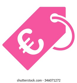 Euro Tag vector icon. Style is flat symbol, pink color, rounded angles, white background.