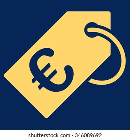 Euro Tag vector icon. Style is flat symbol, yellow color, rounded angles, blue background.