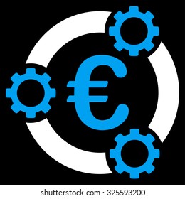 Euro Teamwork vector icon. Style is bicolor flat symbol, blue and white colors, rounded angles, black background.