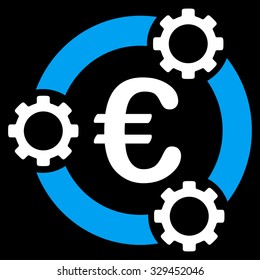 Euro Teamwork vector icon. Style is bicolor flat symbol, blue and white colors, rounded angles, black background.