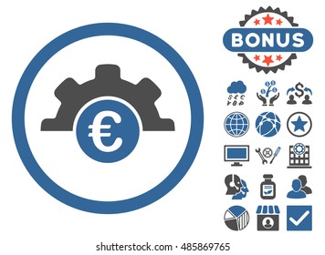 Euro Technology icon with bonus elements. Vector illustration style is flat iconic bicolor symbols, cobalt and gray colors, white background.